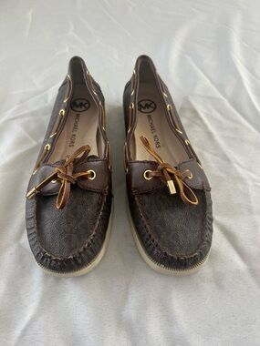 Michael Kors Dark Brown Leather Moccasin Loafers with Gold Accents